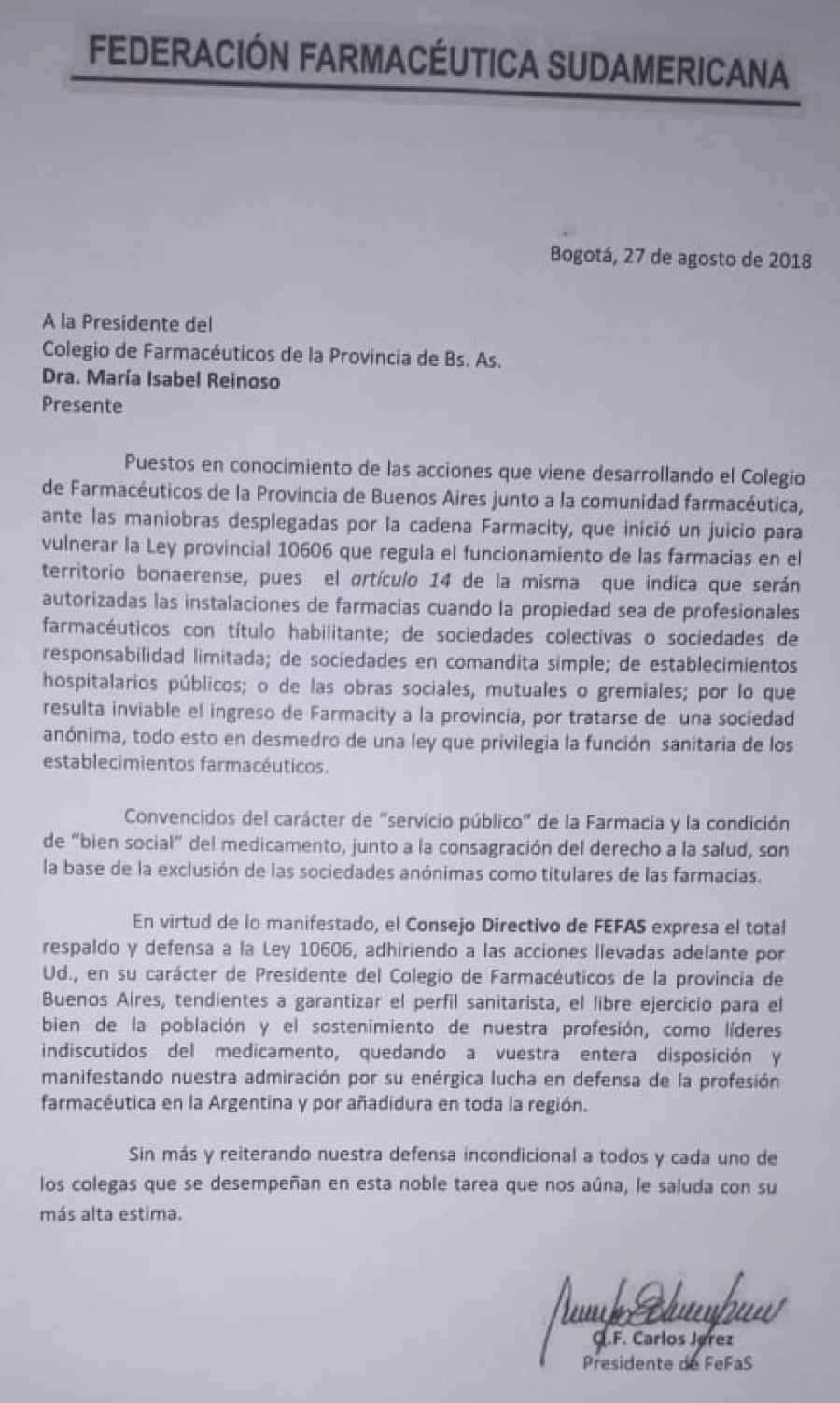 La Federación Farmacéutica Sudamericana expresó su respaldo y defensa a la Ley 10606